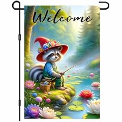 Raccoon Hat Pond Flowers Welcome