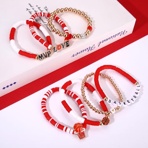 YAHPERN Basketball Bracelets for Women Beaded Heishi MVP Basketball Friendship Stretch Bracelets Game Day basketball MOM Accessories Jewelry Outfits (Red White) - Thumbnail 3