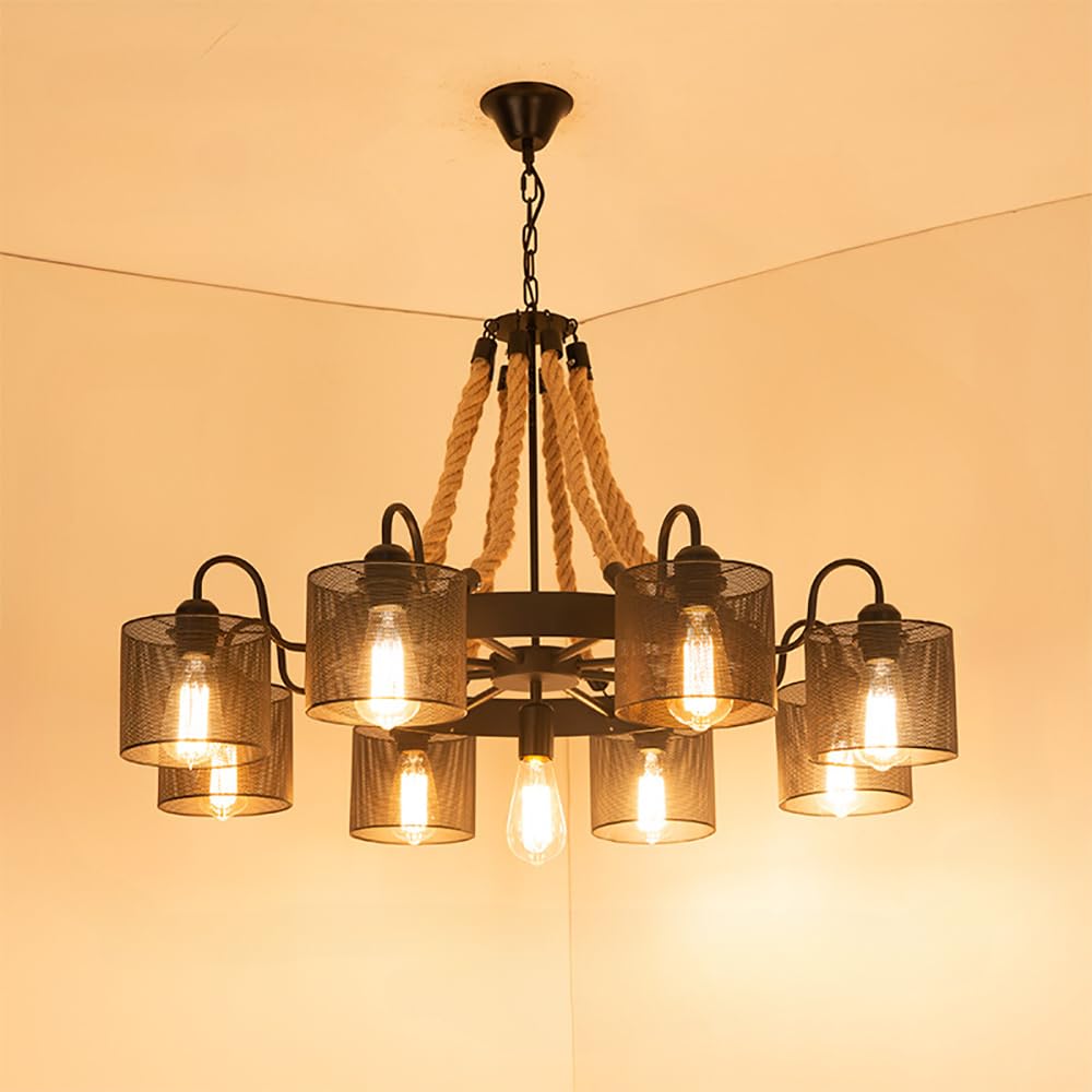 HXYSXHJUO American Style Retrohemp Rope Chandelier Light Nostalgic Loft Industrial Internet Cafe Restaurant Hot Pot Shop Pendant Lamp (E 9 Lights 1pcs)