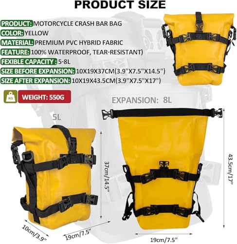 Bolsa impermeable amarilla para motocicleta, Alforja expandible de 8 litros, con 7 correas reforzadas y respaldo acolchonado antideslizante, ideal para ADV, turismo y off-road miniatura 2