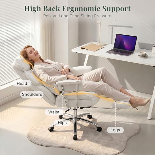 Image of Executive Ergonomic Office Chair, PU Leather High Back Reclining Office Chair with Footrest and Lumbar Support, Height Adjustable Rolling Swivel Computer Chair for Home Office,White