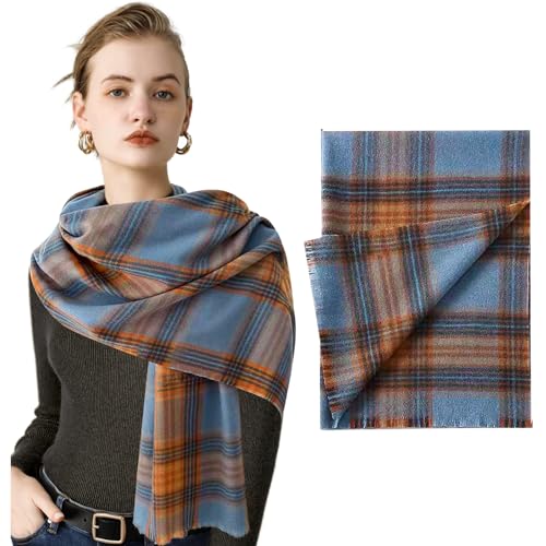 Vegena Karierter Damen-Schal mit Fransen - Warmer Kaschmir-Schal für Herbst & Winter, Tartan Schultertuch für Damen & Herren (Blau)
