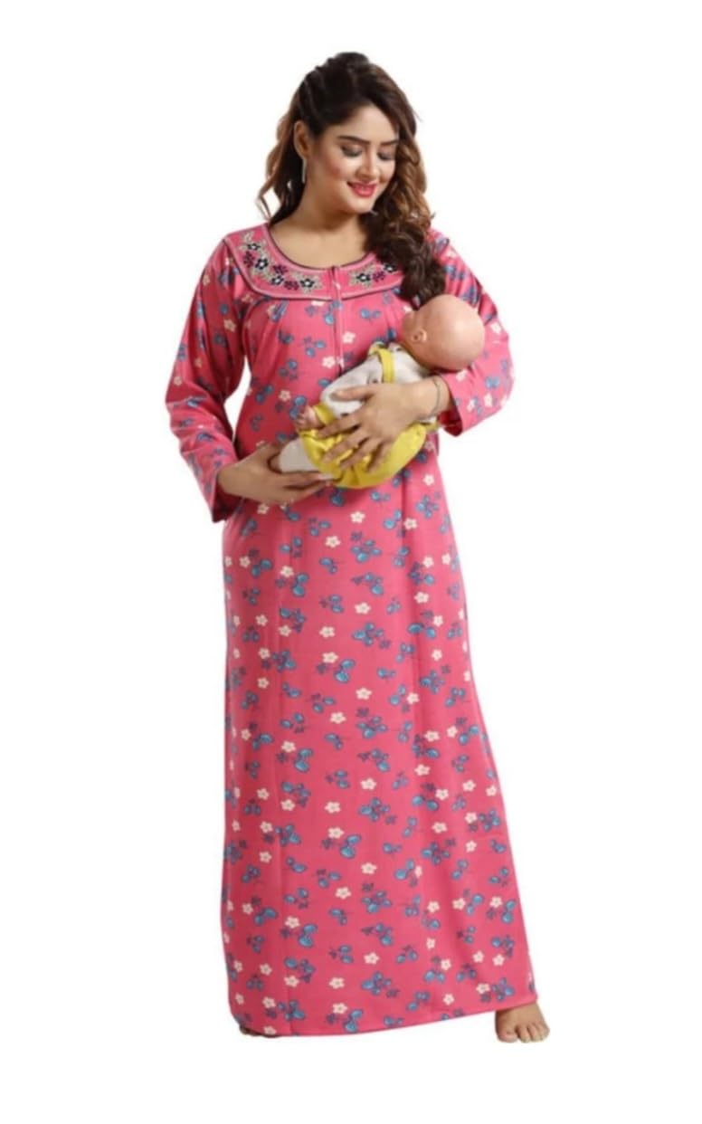 OnekbhaloWomen's- Full Sleeves-Feeding- Nursing- Maternity Nighty/Maxi/Gown/Nightdress/Nightwear- Hosiery Cotton Fabric Floral Print- Embroidery with Zip