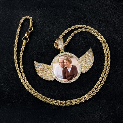 Circle Chain with Picture Pendant for Men Women, Custom Chain Personalized Photo Necklace 18k Gold Plated Iced Out Hip Hop Circle Chain with Wings Big Memorial Necklaces CZ Jewelry Rappers Christmas Gift Rope/Cuban/Tennis Chains4