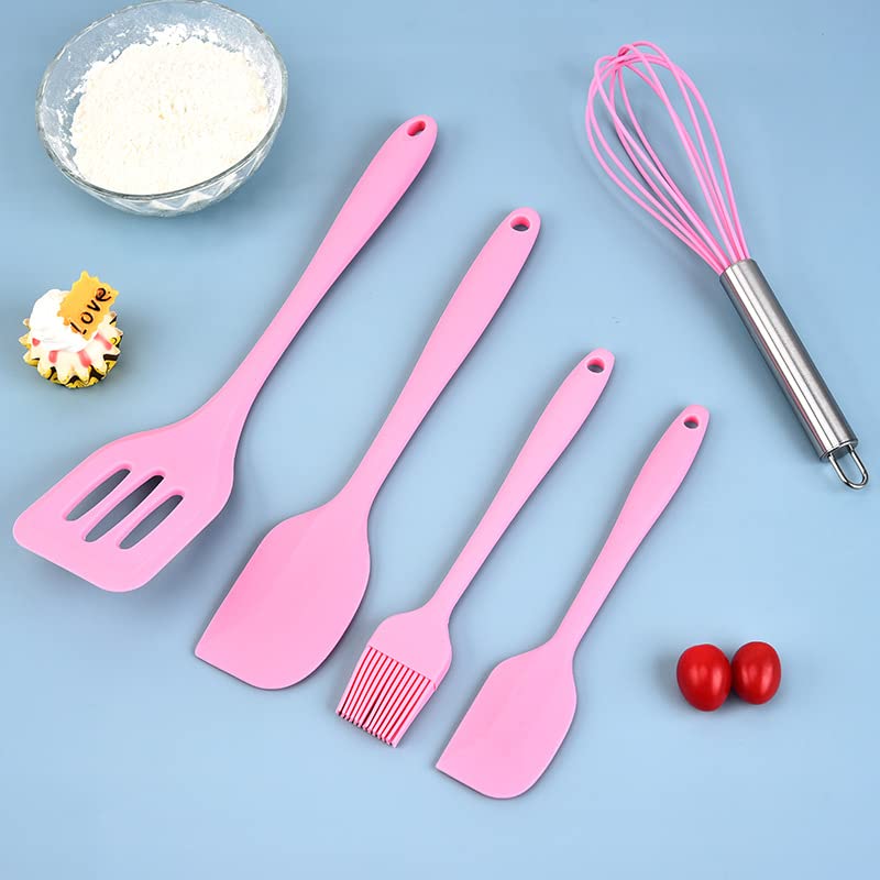 Image of Oren Empower Set of 5 Pcs Silicone Spatula & Kitchen Utensil with Hook Design for Cooking, Baking & Mixing /Non-Stick BPA Free /Heat Resistant Item, Flexible Non Toxic Silicon Cookware Tools - Pink