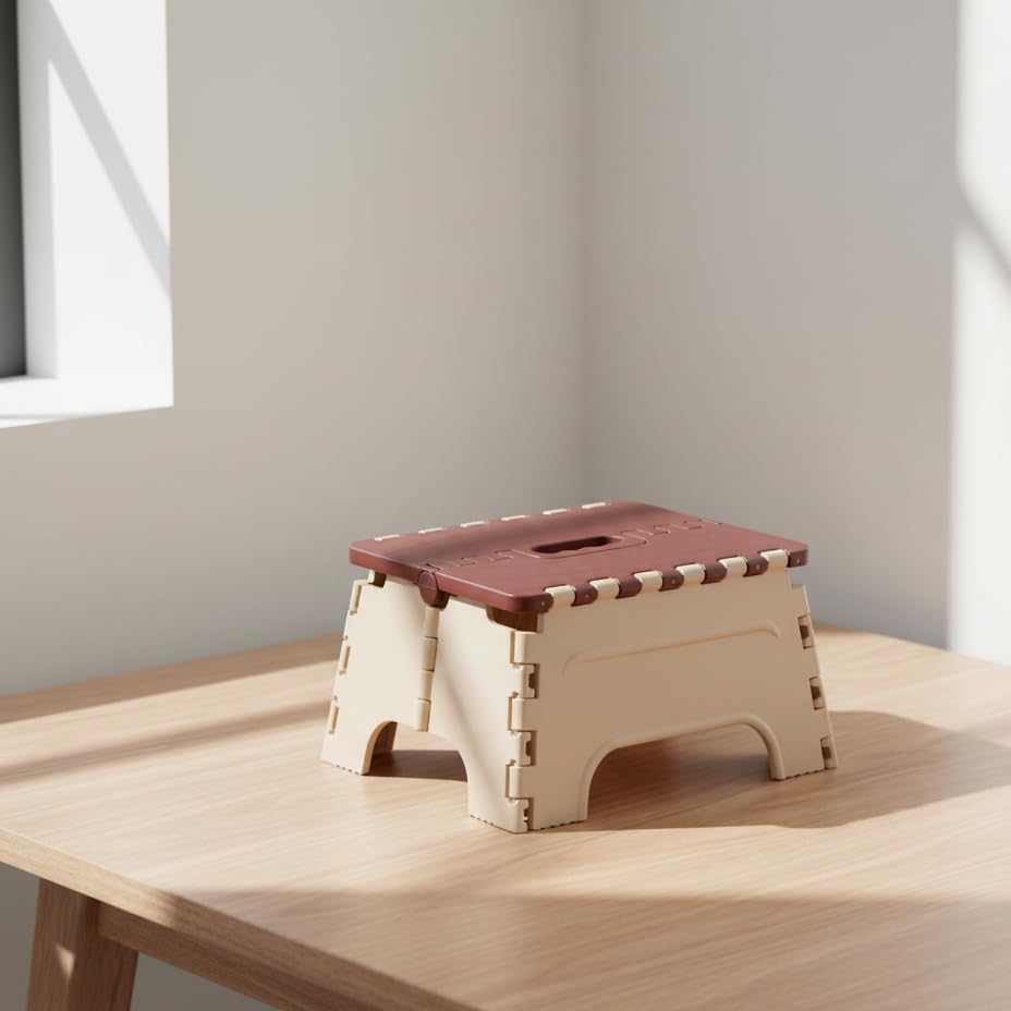 U-MAX 7-Inch Folding Stool – Compact, Portable Step Stool for Kids & Adults, Lightweight Plastic Design, Slip-Resistant, Ideal for Kitchen, Bathroom, Camping & Travel (Brown&Ivory)