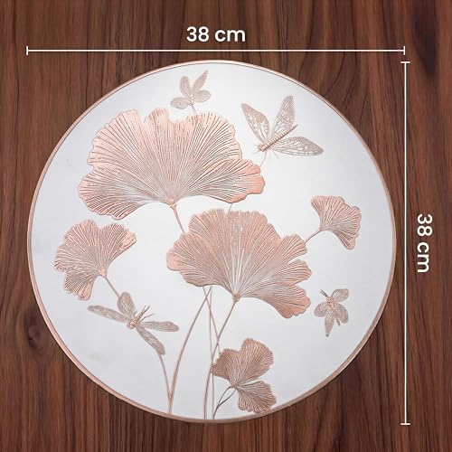 Image of Yellow Weaves 2 Pcs PVC Round Table Placemats, Dining Table Mat, Stain Resistant, Anti-Skid, Waterproof, Washable, Dining, Kitchen, Restaurant Table Set Easy to Clean, Durable (Leaf Rose Gold)