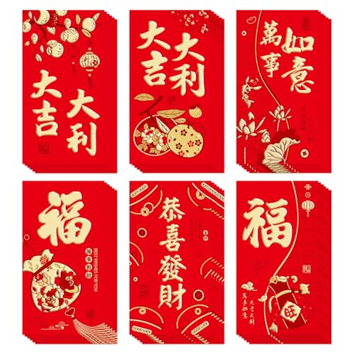 36 Pcs 6 Designs Chinese New Year Red Envelopes 2025, 3.5 x 6.7 Inches Hong Bao Lucky Money Cash Envelopes Red Packets Lai See for Spring Festival, Lunar New Year, Weddings, Birthdays, etc