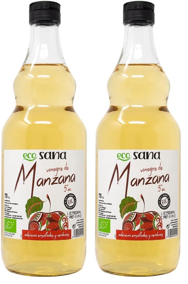 ECOSANA VINAGRE DE MANZANA CERTIFICADO BIO - Manzanas procedentes de agricultura ecológica - Ideal para tus aliños - VEGANO - SIN GLUTEN - 75cl (Paquete de 2)