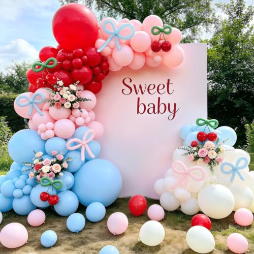 Image of Cherry Balloon Arch Kit, Red Blue Pink White Green Bow Light Mist Balloons
