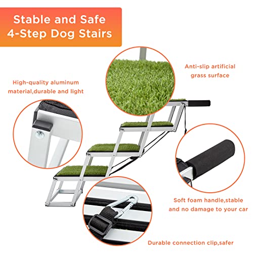 Kweetle Dog Car Ramps For Large Dogs, Aluminum Foldable Pet Ladder Ramp With Nonslip Grass Surface, Lightweight Dog Stairs Support Up To 130Lbs, For High Beds, Trucks, Cars And Suvs #TOP2