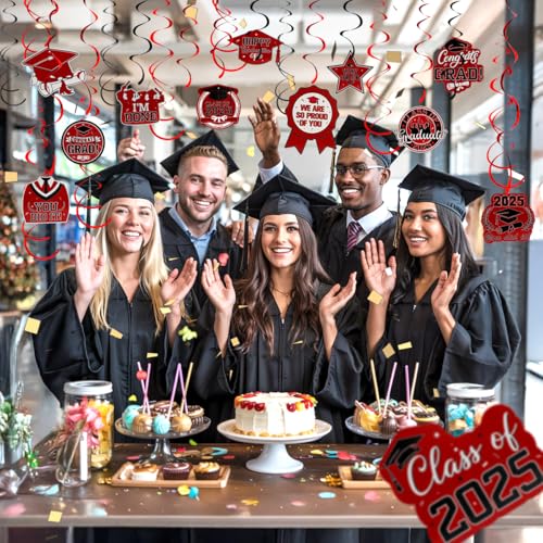 Image of Graduation Hanging Swirls, Graduation Decorations Class of 2025, 30 PCS Red and Black Graduations Party Decoration Congrats Grad Hanging Swirls Ceiling Streamers for School Graduations Party Supplies
