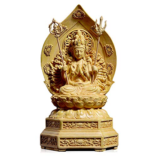 繁樓藝雕 仏像 千手観音 仏壇仏像 柘植製 木彫り 置物 専属千手光背 子年 守り本尊 祈る 厄除け(高さ15cm×巾8cm×奥行6.5cm)