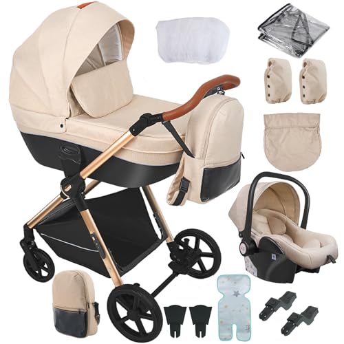 Doraystar Carro Bebe 3 Piezas, Carrito Bebe 3 en 1 con Dos Modos de Empuje Reversibles, Cochecito Bebe 3 Piezas con Capazo Grande Cómodo, Carricoche Bebe 3 Piezas Alto Paisaje (H2 Yellowish)