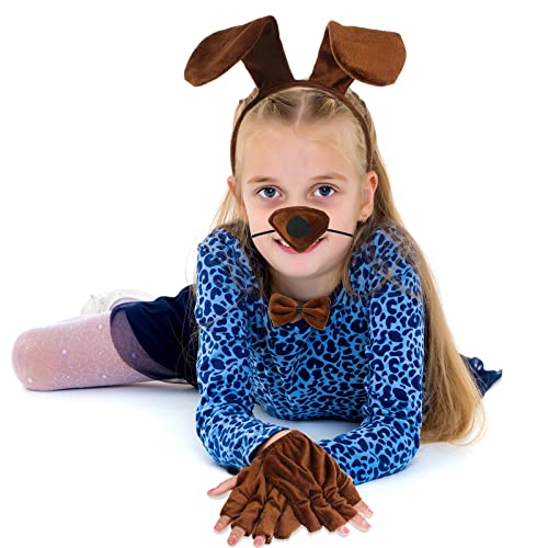 Cindeer 5 Stück Welpen Tier Cosplay Party Set inklusiv Hund Tier Haarreif mit Ohren Fliege Gefälschte Nase Party Hund Schwanz Welpen Pfoten Handschuhe Tierkostüm Zubehör für Halloween (Braun)