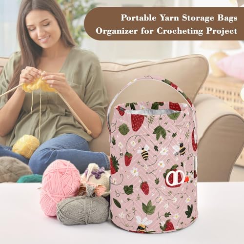 Image of ElliTarr Crochet Bag Yarn Bag with Handle Portable Knitting Project Bag Travel Yarn Storage Organizer Holder Case Bees Flowers Strawberries Pink