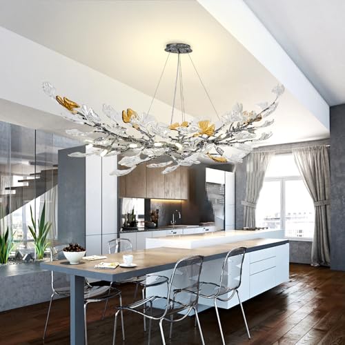 Image of Modern Chandeliers for Dining Room，AioTio L47.2''Long Unique Glass Ginkgo Leaf Dining Chandeliers Over Table,Large Rectangle Tree Branch Ceiling Hanging Black Chandelier for Living Room,Kitchen Island