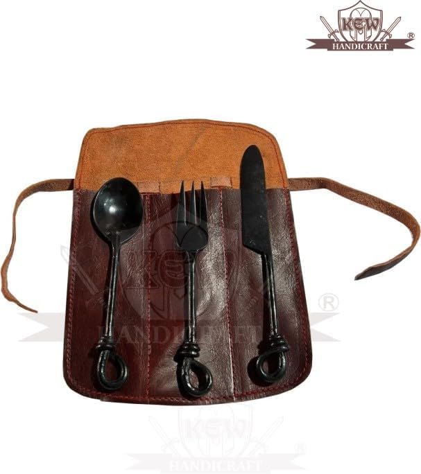 Generic Medieval Feasting Set 3 Pieces Cutlery Knife, Fork, Spoon with leather Case Decoration Rustic Vintage Home Decor Gifts-gh81