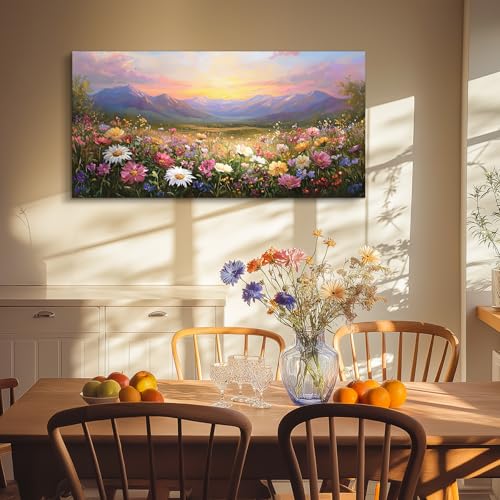 crmotu Landscape Wall Art, Mountain Wall Art, Floral Wall Decor, Daisy Flower Field Canvas Artwork, Rustic Bright Big Paintings for Living Room Bedroom Entryway Home Office Prints 24x48inch