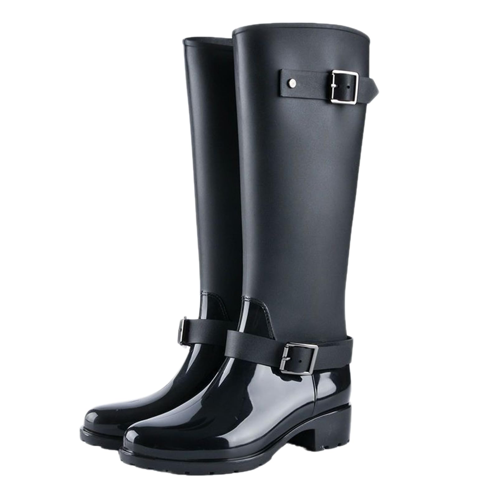 Womens PVC Platform Lug Sole Tall Rain Boots with Buckle Comfort Side Zipper Chunky Heel Anti-slip Waterproof Thigh