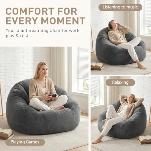 Image of HUGHEAVEN Max Giant Bean Bag Chair, Oversized Bean Bag Sofa for Adults & Teens, Ultra-Soft Comfy Fluffy Floor Lounge Chair with Armrests, Large Bean Bag Couch for Gaming, Reading & Relaxing