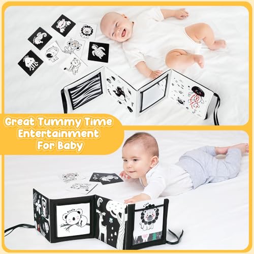 Image of URMYWO Tummy Time Mirror Toys, Visual Stimulation Learning Cards, High Contrast Black and White Baby Toys for Newborn, Soft Baby Book for Infant 0-12 Months, Baby Boy Girl Shower Gift