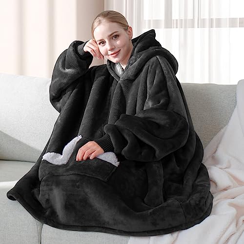 Touchat Wearable Blanket Hoodie, Oversized Sherpa Blanket Sweatshirt with Hood Pocket and Sleeves, Gifts Hooded Blanket for Adult Women Men (Black)