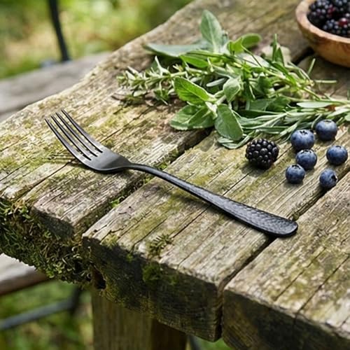 Image of 8.1 inch Hammered Charcoal Black Dinner Forks | 5-Piece Premium Stainless Steel Flatware Set | Elegant Dishwasher-Safe Cutlery for Home, Restaurants, and Gift Giving