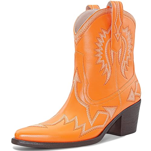 Image of HOCHFART Western Boots for Women Metallic Embroidered Pointed Toe Cowgirl Boots Chunky Heel Pull-On Short Cowboy Boots Wide Calf Country Ankle Boots