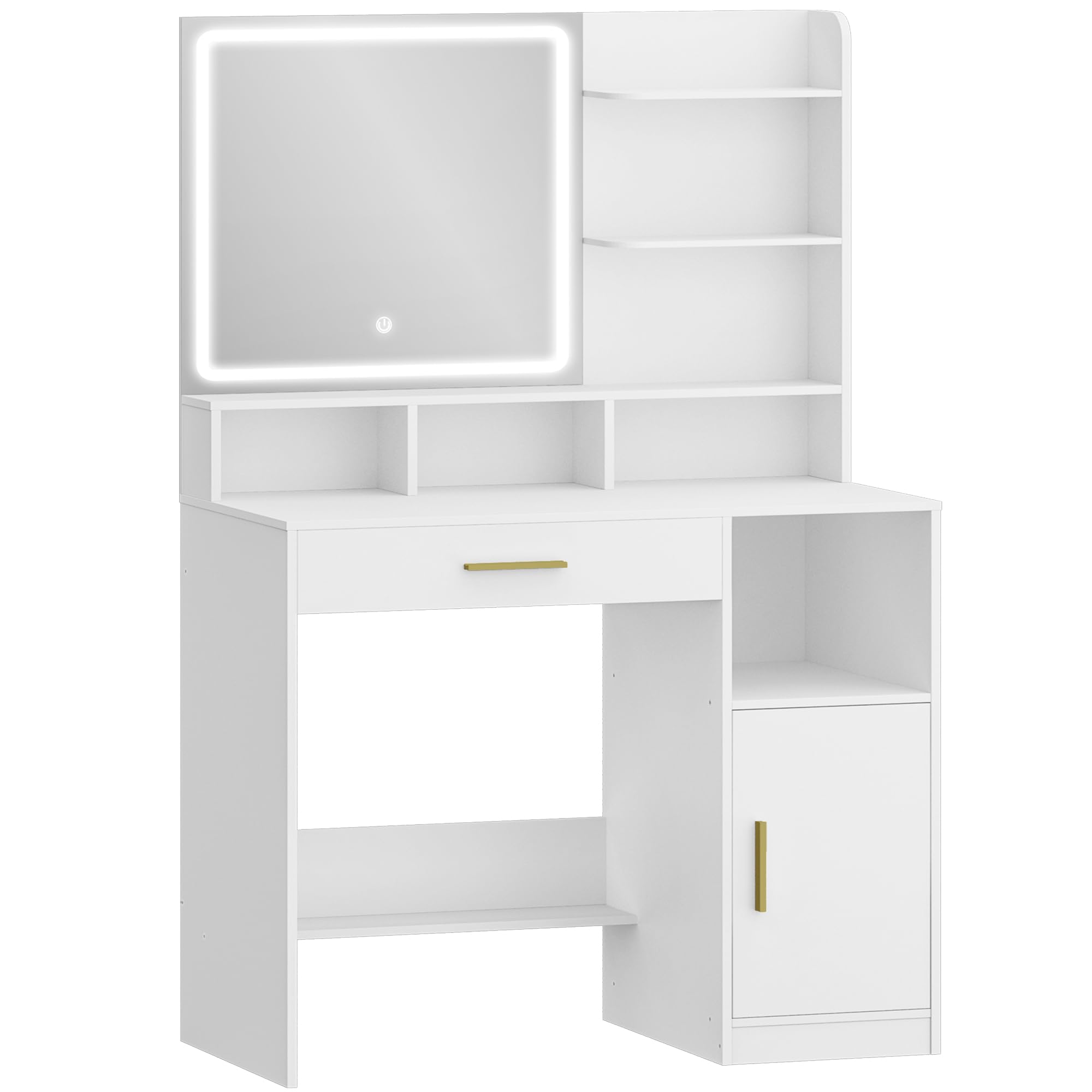 Hzuaneri Toeletta da Trucco, Luminosità Regolabile,Tavolo da Trucco con Specchio Grande, ampio cassetto e armadietto, Durevole e stabile, Moderno, Bianco DT42103XEU