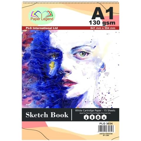 A1 Artist’s Sketchbook Spiral Bound, Hardback Drawing Pads White Drawing Artist - 130GSM - Large, Spiral Bound Sketch Book for Kids, Professionals, Drawing and Sketching - 15 Sheets (1) Cover