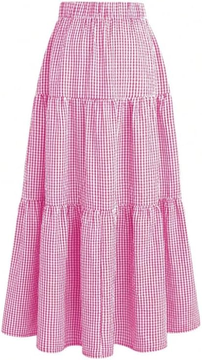 Womens Fall Skirts with High Waist Ruffle in Gingham for Beach Party That is a Long Cute Skirt