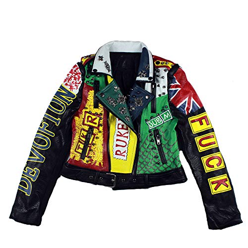 Leather Jacket Women Rock Motor Biker 2020 New Studded Punk Graffiti Cropped Black Coat