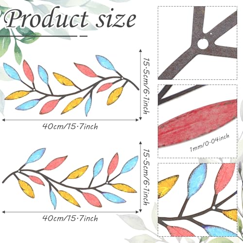 Image of Zhengmy 2 Pieces Metal Tree Leaf Wall Decor Vine Olive Branch Leaf Wall Art Living Room, Hallway Wall Decor Outdoor Decoration (Spring Colors)