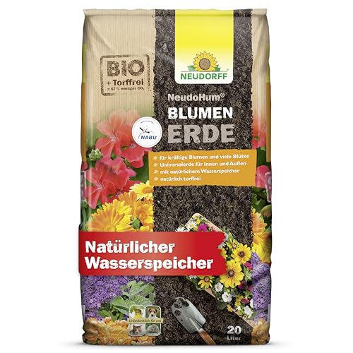Neudorff NeudoHum BlumenErde – Torffreie Bio Erde, für Innen und Außen, fördert kräftige Blumen und viele Blüten, 20 Liter