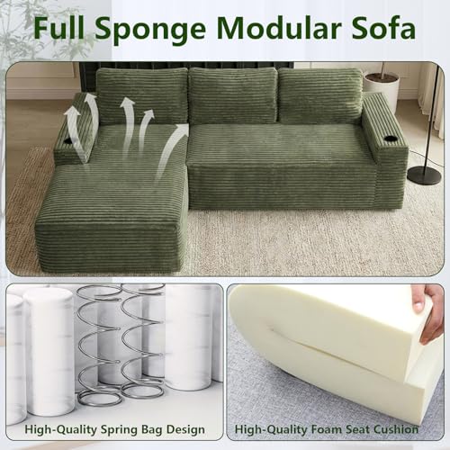 Image of 104.3 inch Modular Sectional Sofa,Modern Corduroy Cloud Couch with Cup Holder & Side Pockets,Boneless Couch Upholstered 3-Seater L-Shaped Sofa for Living Room,No Assembly (Green, Left-Facing Chaise) | with Cup Holder