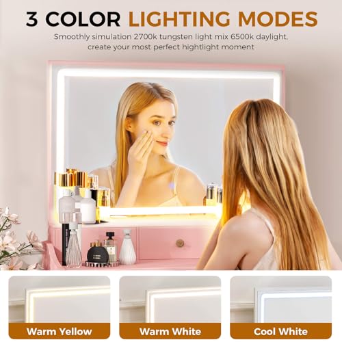 COMHOMA Makeup Vanity Desk with Mirror and Lights, Vanity Table and Chair Set with 5 Drawers and Charging Station, Bedroom Dresser LED Mirror Stepless Dimmable & 3 Color Modes Adjustable, Pink