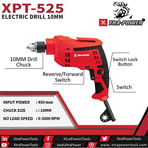 Image of Xtra-power XPT-525 10 MM Electric Drill, 450 W, Copper Armature, Chuck 10 mm Forward /Reverse with Variable Speed Control, 3000 rpm