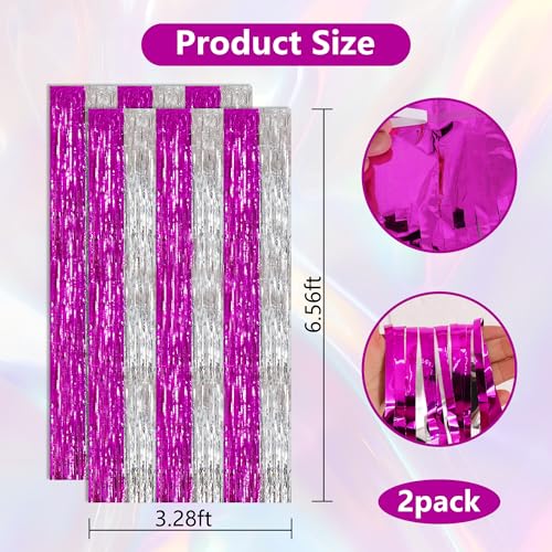Image of BEISHIDA Hot Pink Silver Door Streamers Backdrop Foil Fringe Tinsel Party Streamers Curtains Photo Backdrop - 2Pcs for Girl Birthday Valentines Graduation Bachelorette Party Decoations