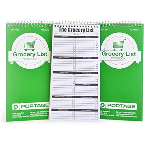Portage Grocery List Notepad – Spiral Top Shopping List Pad with Lined Paper & Checklist for Shopping, 4 x 8 Inches, 140 Pages, 70 Sheets (Pack of 3) Cover