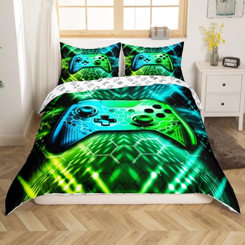 feelingyou Gamer Bedding Set,Honeycomb Gamepad Comforter Cover Set for Teens Kids Boys Room Decor,Blue Green Neon Duvet Cover Breathable Video Games Reversible Bedspread Cover Double Size - Image 3