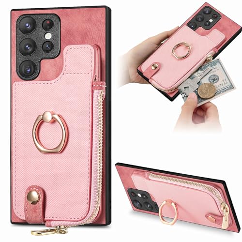 Housse Samsung S25 FE rose fermeture éclair et fente magnétique pour cartes