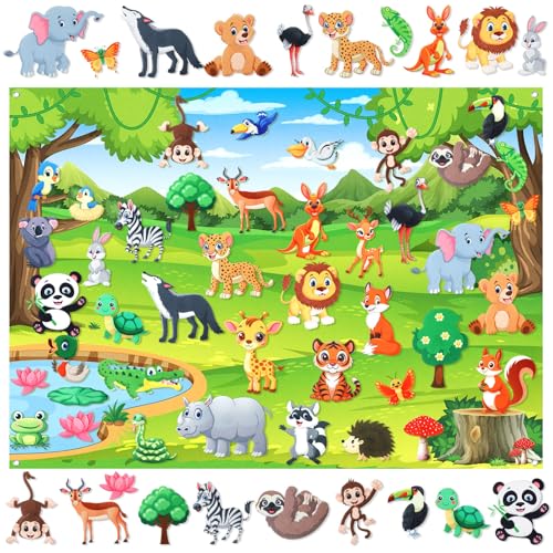 MiniInflat Jungle Animals Felt Board Story 41 Pcs Safari Theme Felt Storyboard Wild Animal Flannel Storyboard Jungle Safari Zoo Themed Flannel Board for Interactive Storytelling Birthday Hanging Gift