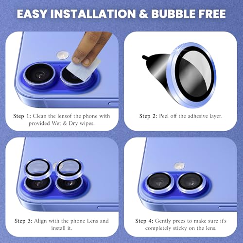 Image of ArmourPro Premium Camera Lens Protector Tempered Glass Compatible For iPhone 16 Plus and iPhone 16 Tough HD Individual Aluminum Alloy Rings 9H Camera Cover , Scratch-Resistant,Camera Lens Protection| Blue