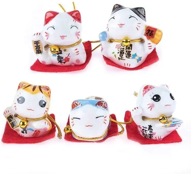 White Porcelain Maneki Neko Cats - 5 Japanese Lucky Charm Figurines