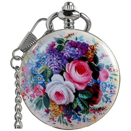 Image of VIGOROSO Vintage Floral Bird Manual Mechanical Pocket Watch for Men & Women - Elegant Wind Up Pocket Watches Skeleton with Chain & Gift Box