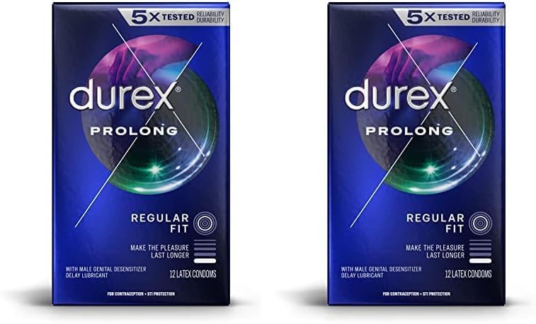 Durex Condom Prolong - Condones de látex natural 12 unidades ultra finos acanalados y punteados con lubricante retardo ajuste regular paquete de 2