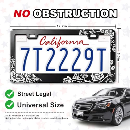 Image of License Plate Frame, Flower Aluminum Universal Car Plate Holder | Universal Aluminum Black Car License Plate Cover with Screws for Women Men