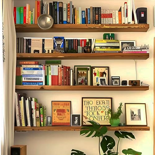 Image of ROGMARS 36 Inches Long Walnut Floating Shelves | Rustic Solid Wood Farmhouse Wall Shelves with Invisible Brackets for Bathroom, Living Room, Bedroom, Kitchen Set of 4