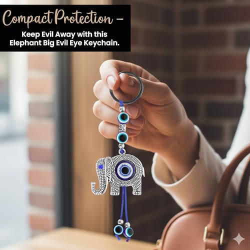 Image of Storite Evil Eye with Feather Keychain, Elephant Style, Blue Silver